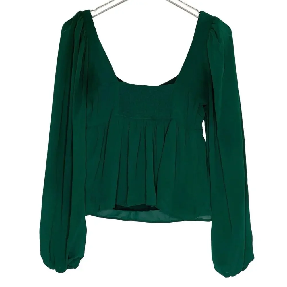 Abercrombie & Fitch Puff Sleeve Semi Sheer Top S Emerald Green Milkmaid Smocked
